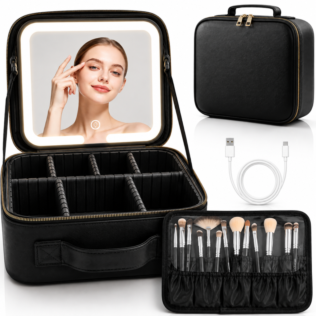 LED Make-up Organizer met Spiegel & Verlichting – Zwarte Reiskoffer voor Make-up