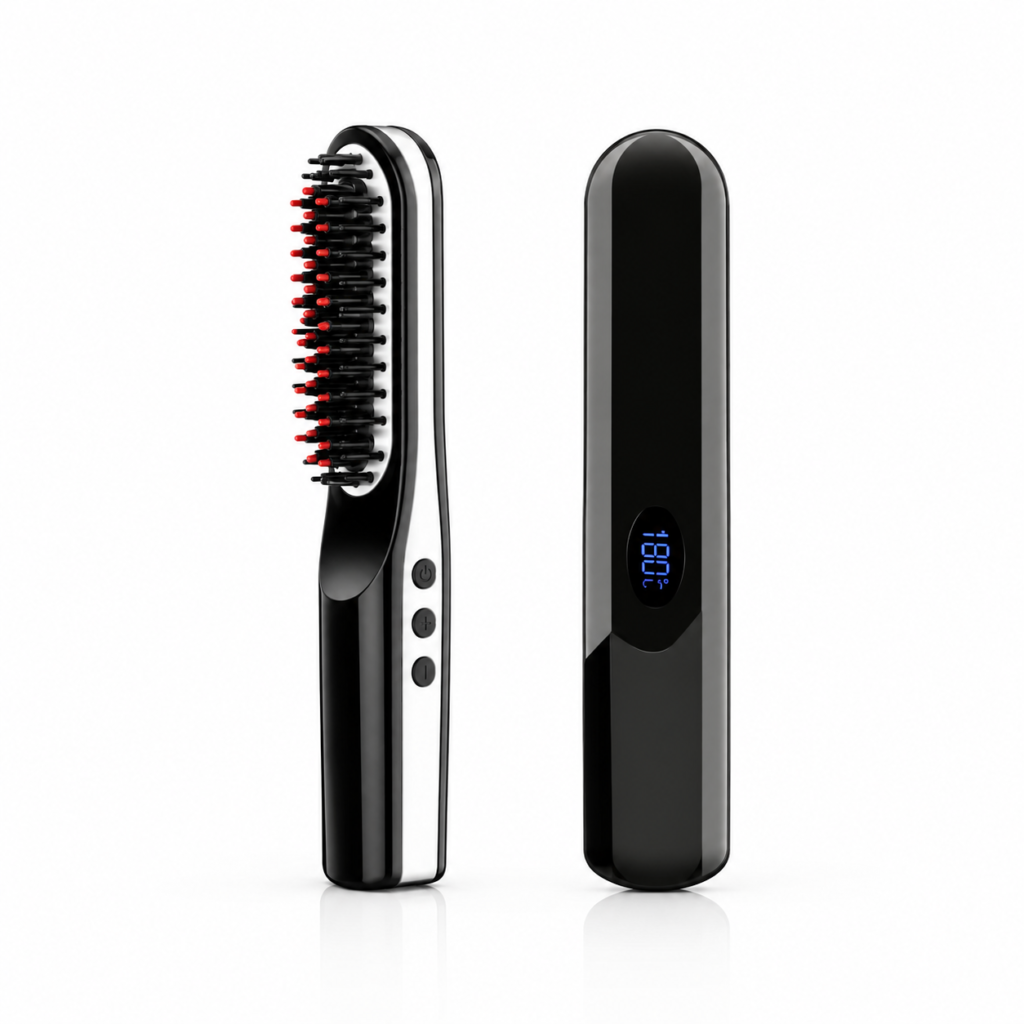 Draadloze Hair Straightener Brush met LCD Display – Oplaadbare Elektrische Stijlborstel – Zwart