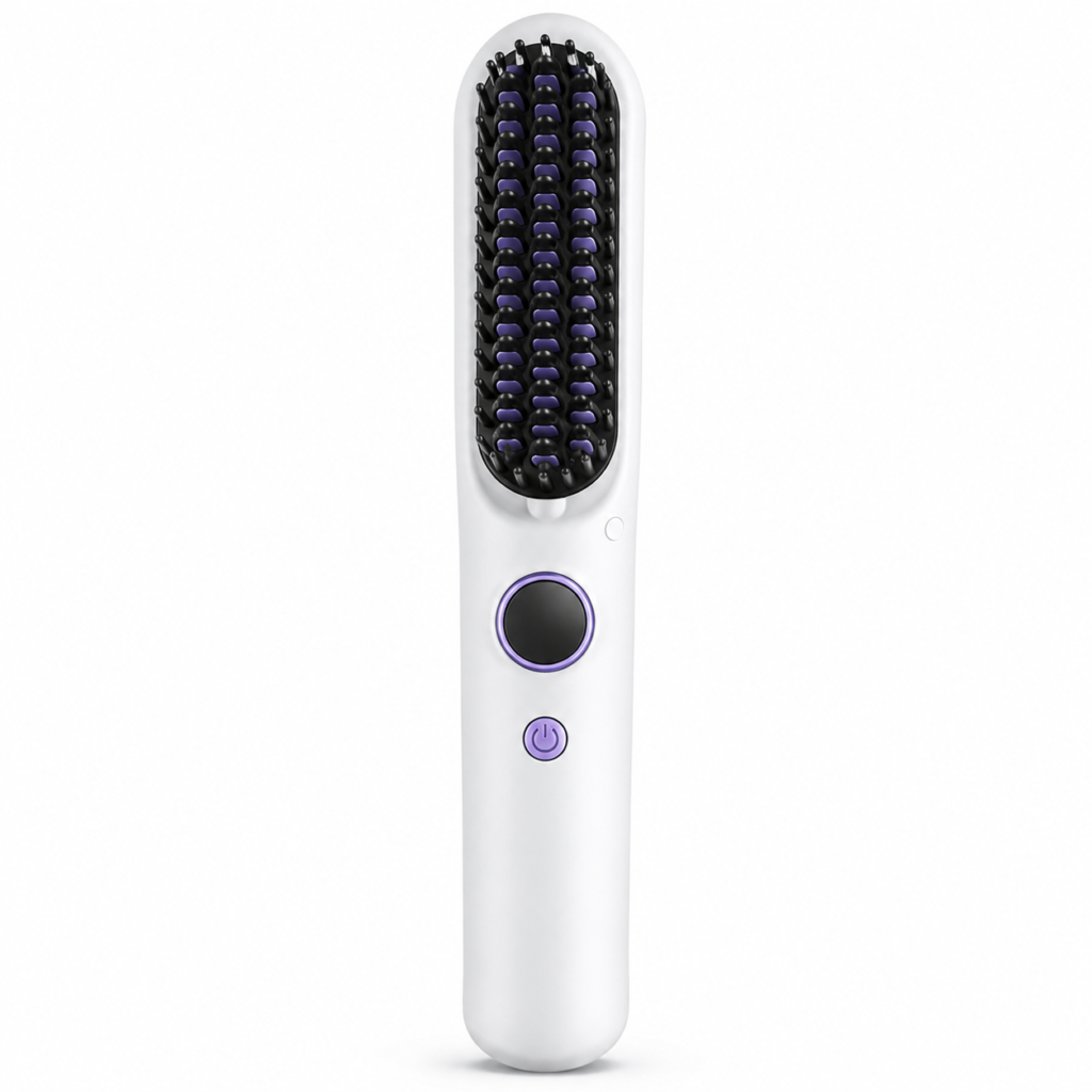 Draadloze Hair Straightener Brush – Oplaadbare Elektrische Stijlborstel met LED Display – wit