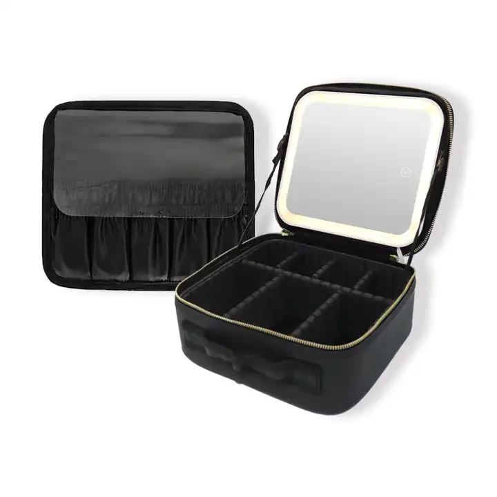 LED Makeup Organizer Bag with Mirror - Black Travel Case