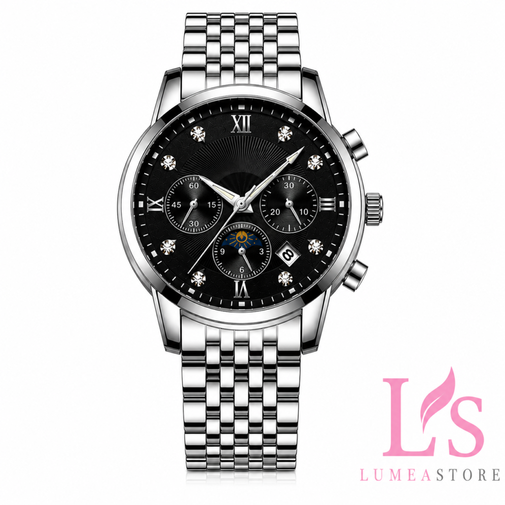 Luxe Heren Chronograaf Horloge – Zwart Wijzerplaat – Zilverkleurige RVS Band – Premium Design