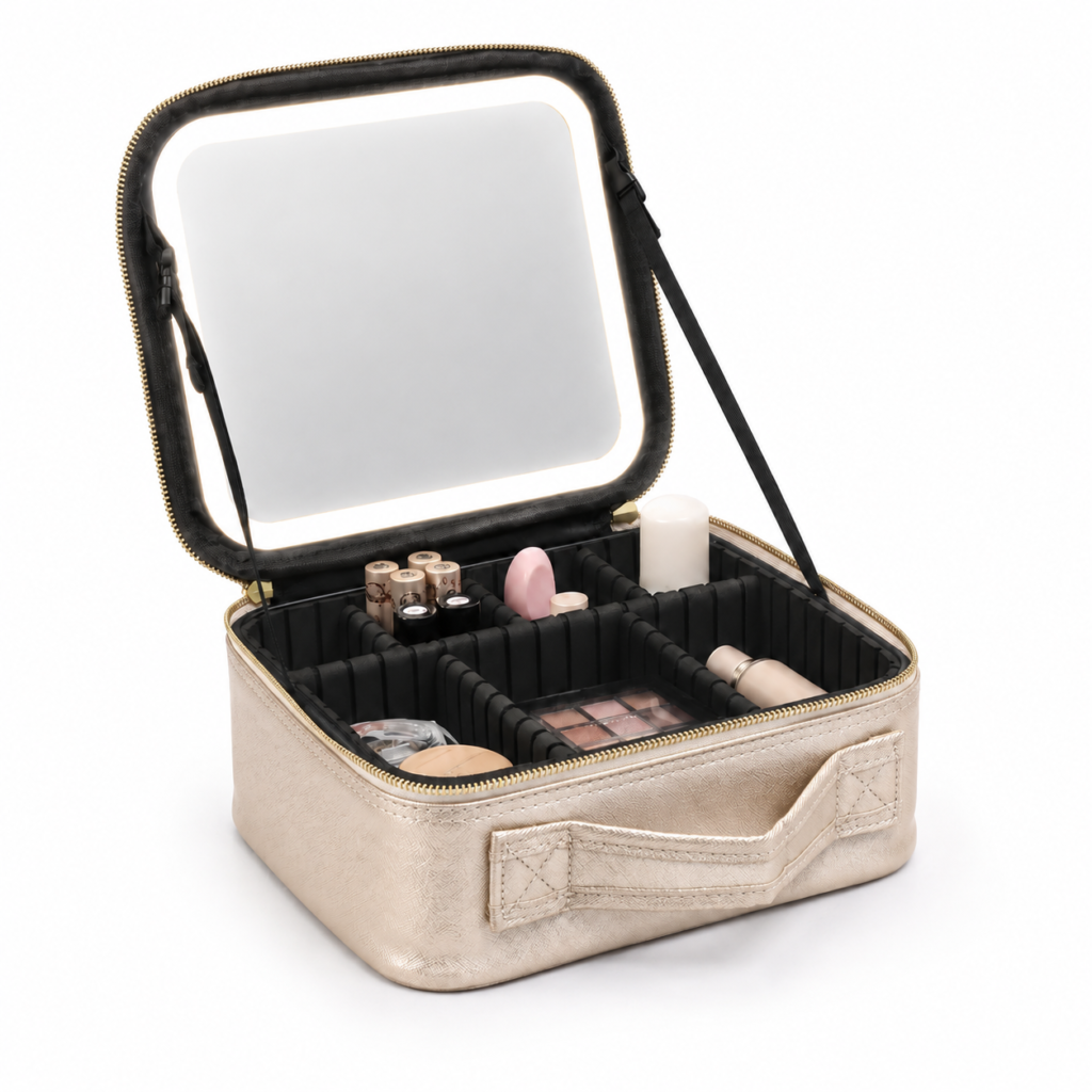 Lumeastore Make-Up Tas met Verlichte Spiegel – 3 Kleuren LED – USB-Oplaadbare Make-Up Koffer-Goud