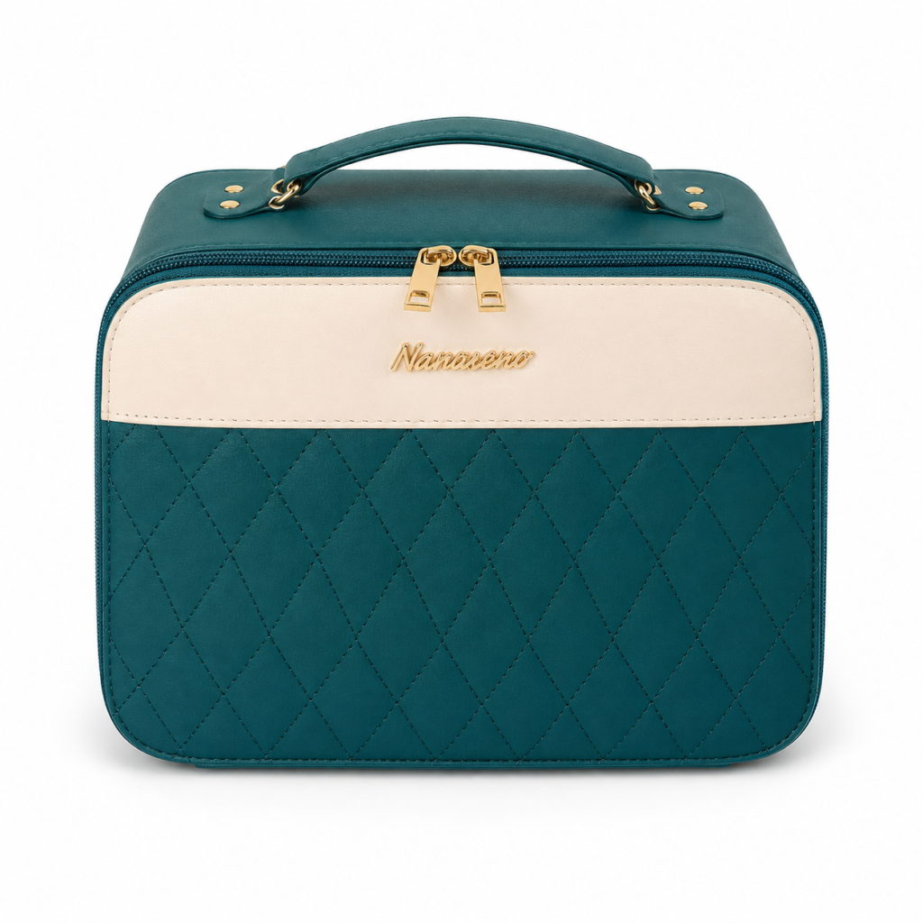 Draagbare Make-up Tas met LED Spiegel – 3 Lichtstanden, Ruime Make-up Organizer – Groen & Crème