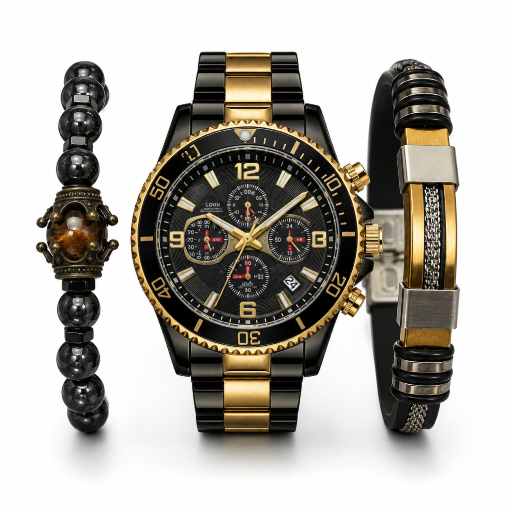 3-Delige Heren Horloge Set Zwart/Goud – Luxe Horloge met 2 Armbanden in Geschenkdoos